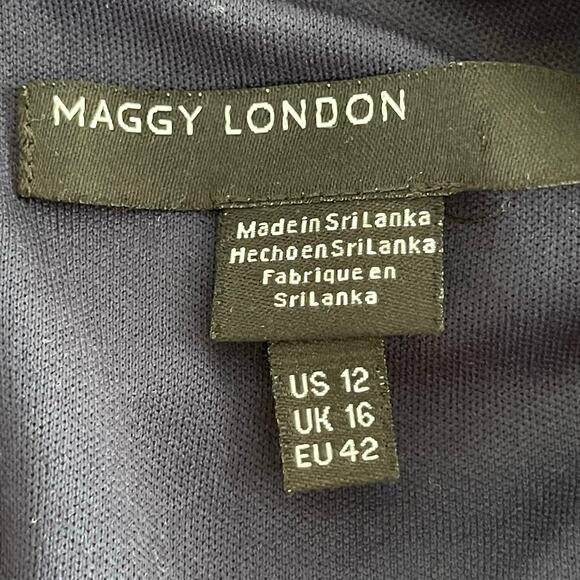 Maggy London Dress Womens 12 Navy Orange Watercolor Floral Ruched Waist Maxi - Picture 9 of 14